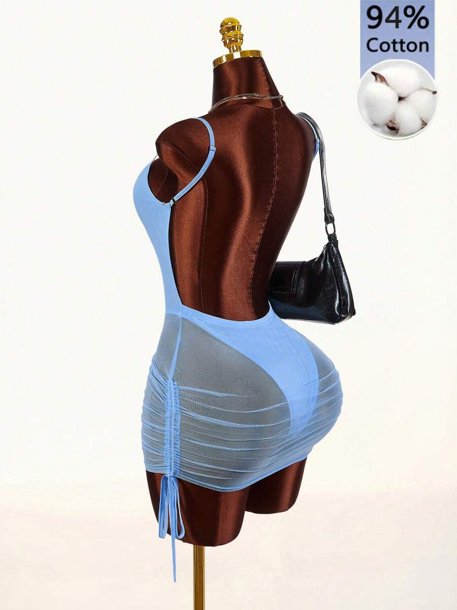 Amplova 2026 New Romantic Semi-Sheer Basic Fitted Comfortable Women's Mini Dress - Blue - View 1