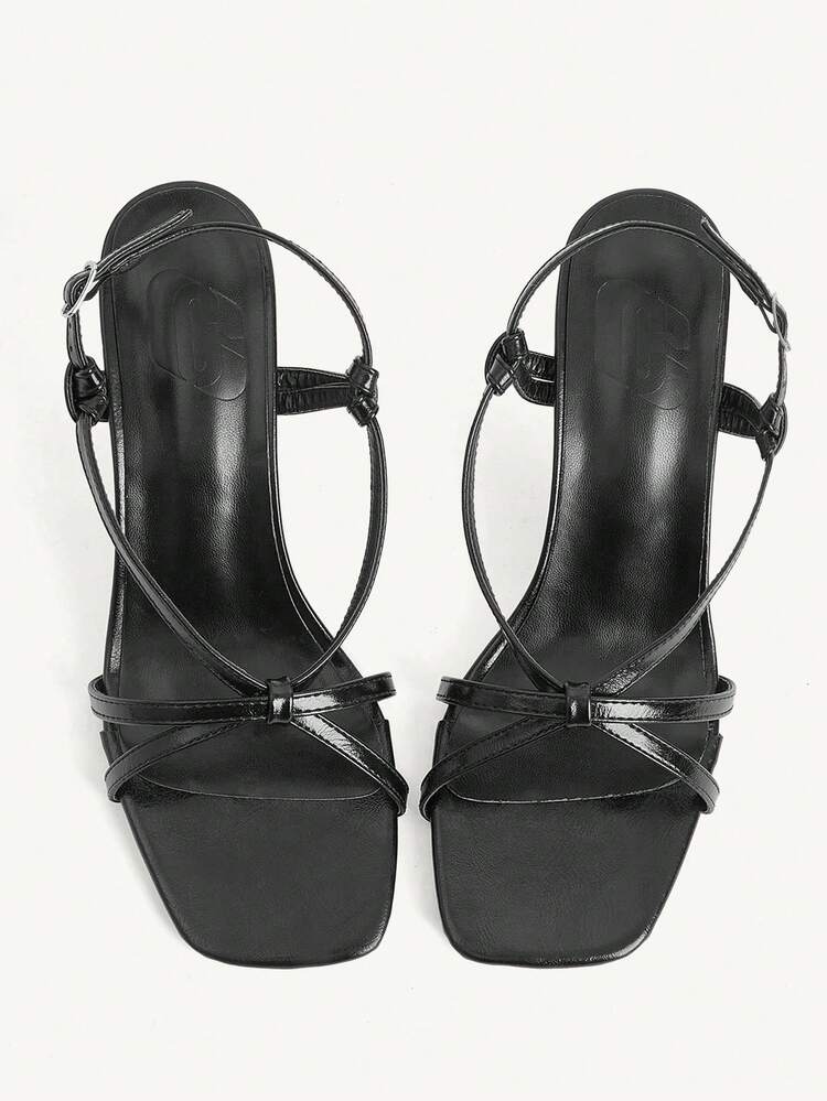 CUCCOO CHICEST Minimalist Black Square Head Crossed With Stiletto Sandals, French Rear Empty Word With High Heels Women's Shoes