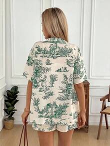 Easowa 女款度假植物印花短袖襯衫與短褲休閒兩件套，休閒服飾 - 綠色 - 查看 2