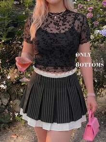 SHEIN MOD Plus Size Patchwork Pleated Skirt, Summer Early Autumn Short Skirt, 2 In 1 Design, Black And White A-Line Skirt, Sports Collegiate Style, Graduation - Black and White - View 6