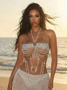 Swim SXY Verano Otoño Nuevo, Cubre-Bañador con Cuentas Coloridas, Diseño Sexy de Moda para Chicas Hot Europeas y Americanas, Adecuado para Festivales de Música y Festivales de Música Electrónica, Estilo Bohemio Cubre-Bañador para Mujeres - Beis - Ver 3