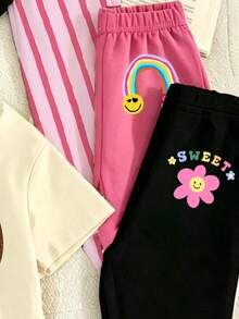 Random 3pcs, Send 1pc Baby Girl Fashion Cute Rainbow Flower Fun Letter Print Casual Style Basic Short T-Shirt And Leggings Set Sets - Multicolor - View 4