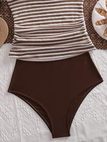 Swim Vcay Nuevo top de tirantes tipo bikini de moda europea y americana de verano, tejido de punto 3D con textura, con accesorios dorados, tirantes finos, braguita de baño de cintura alta de color liso, adecuado para playa, spa y resort - Multicolor - Ver 4