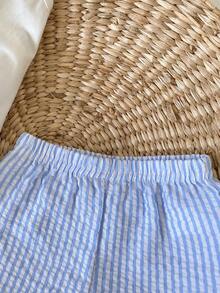 SHEIN Baby Girl Bow Decor Tank Top & Striped Shorts Set - Blue and White - View 11