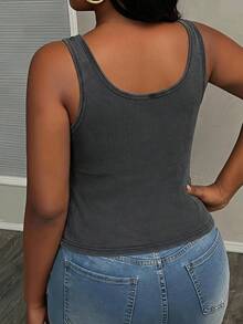 Slaydiva Plus Size Women's Solid Color Square Neck Tank Top With Washed Padded Chest - Black - View 2