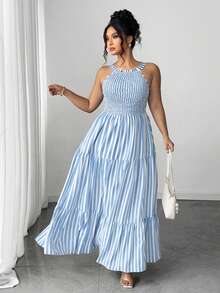 Elenzga Plus Size Women's Halter Neck Blue And White Vertical Striped Waist-Defining Elegant Dress - Baby Blue - View 5