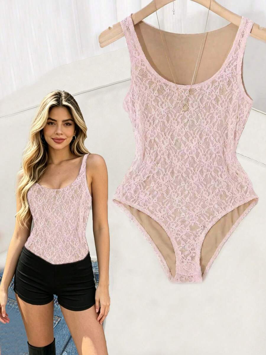 SHEIN Raffinéa 女士优雅约会/度假蕾丝连体衣,夏季 - 淺粉色 - 查看 1