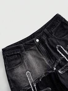 ROMWE MEN Street Life Y2K街頭風男士牛仔短褲，十字拼接刺繡，嘻哈品牌毛邊寬鬆大腿版型，復古破舊黑色水洗牛仔膝長短褲 - 灰色 - 查看 3