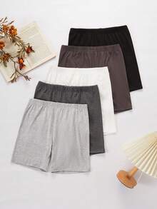 5 piezas/Set Leggings cortos de color negro sólido, estilo minimalista, cómodos y de ajuste ceñido para niñas - Multicolor - Ver 3