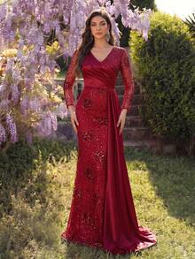 Coutiva 女士亮片花卉图案褶皱腰身优雅正式晚礼服 - 棕色 - 查看 1