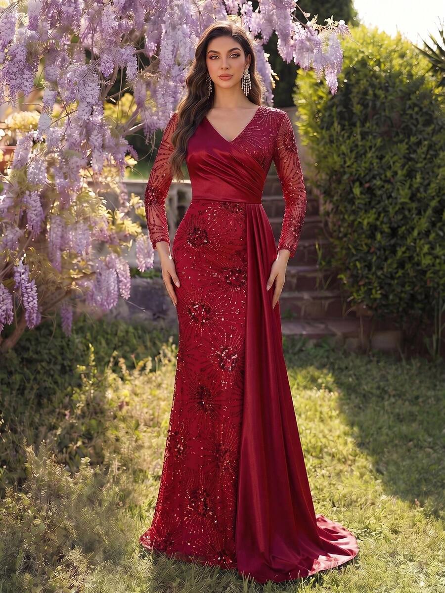 Coutiva 女士亮片花卉图案褶皱腰身优雅正式晚礼服 - 棕色 - 查看 1