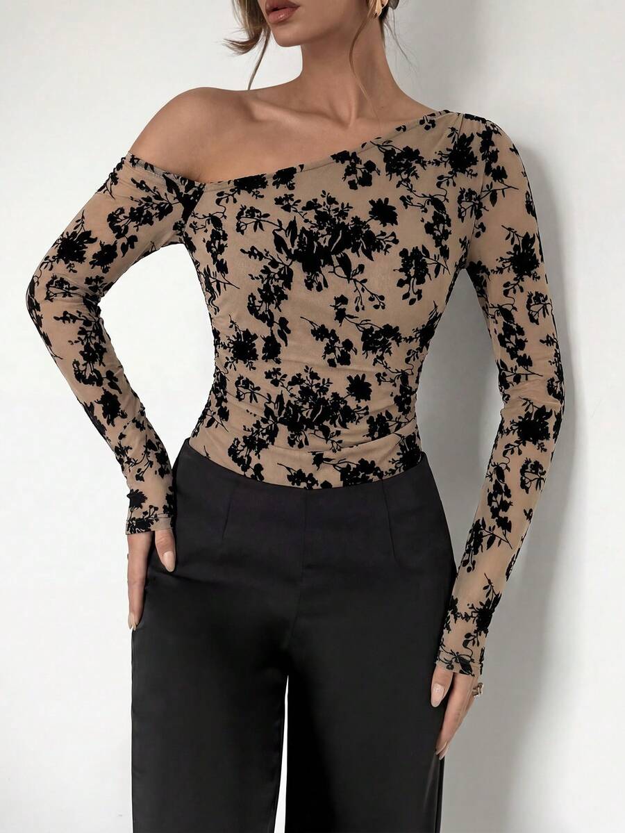 SHEIN 女士纹理植绒印花露肩长袖连体衣 - 彩色 - 查看 1