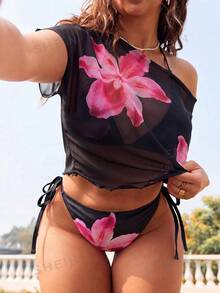 Swim Mod Setelan Pantai Tankini 3 Potong Seksi Bermotif Bunga untuk Wanita Ukuran Plus - Hitam - View 1
