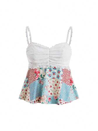 Sweetness Damen Minimalistisches Sexy Coquette Romantisches Pastoral Urlaub Farbblock Patchwork Picknick Karomuster Spitze Patchwork Puppenstil Tanktop