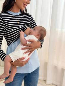 MaterniWear Maternity Striped Print 2 In 1 Nursing Top With Long Sleeve Fall - Navy Blue - View 3