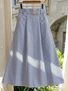 GlowEve CURVE Women's Fashion Elegant A-Line Striped Skirt With Elastic Waistband, Invisible Zipper And Metal Button, Suitable For Daily, Commuting And Business Wear - Blue - View 7