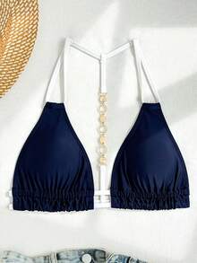 Swim Vcay 女款夏季海灘純色掛脖式背部珠飾裝飾性感時尚泳衣上衣 - 藍色 - 查看 4