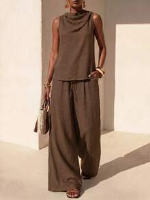 Zivah Summer Commuter Casual Loose-Fitting Coffee Brown Sleeveless Scarf-Neck Top In Linen Fabric+ Wide-Leg Pant Women Two Pieces Set Vacation - Brown - View 4