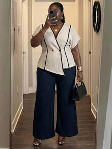 Veslaya Conjunto casual de uso diario para mujer de talla grande con top de cuello en V con bloques de color y pantalones de pierna ancha - Albaricoque - Ver 6