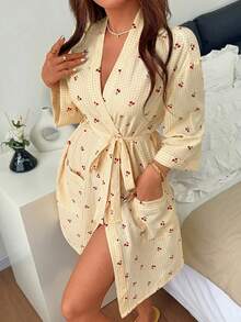 Napfluff Women's Casual Cherry Plaid Print Open Front Robe - Yellow - View 3