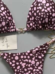 Swim Vcay 女款夏季海灘度假比基尼套裝 隨機蛇紋三角無鋼圈掛脖金屬飾邊上衣 側綁繩比基尼褲 - 粉色 - 查看 6