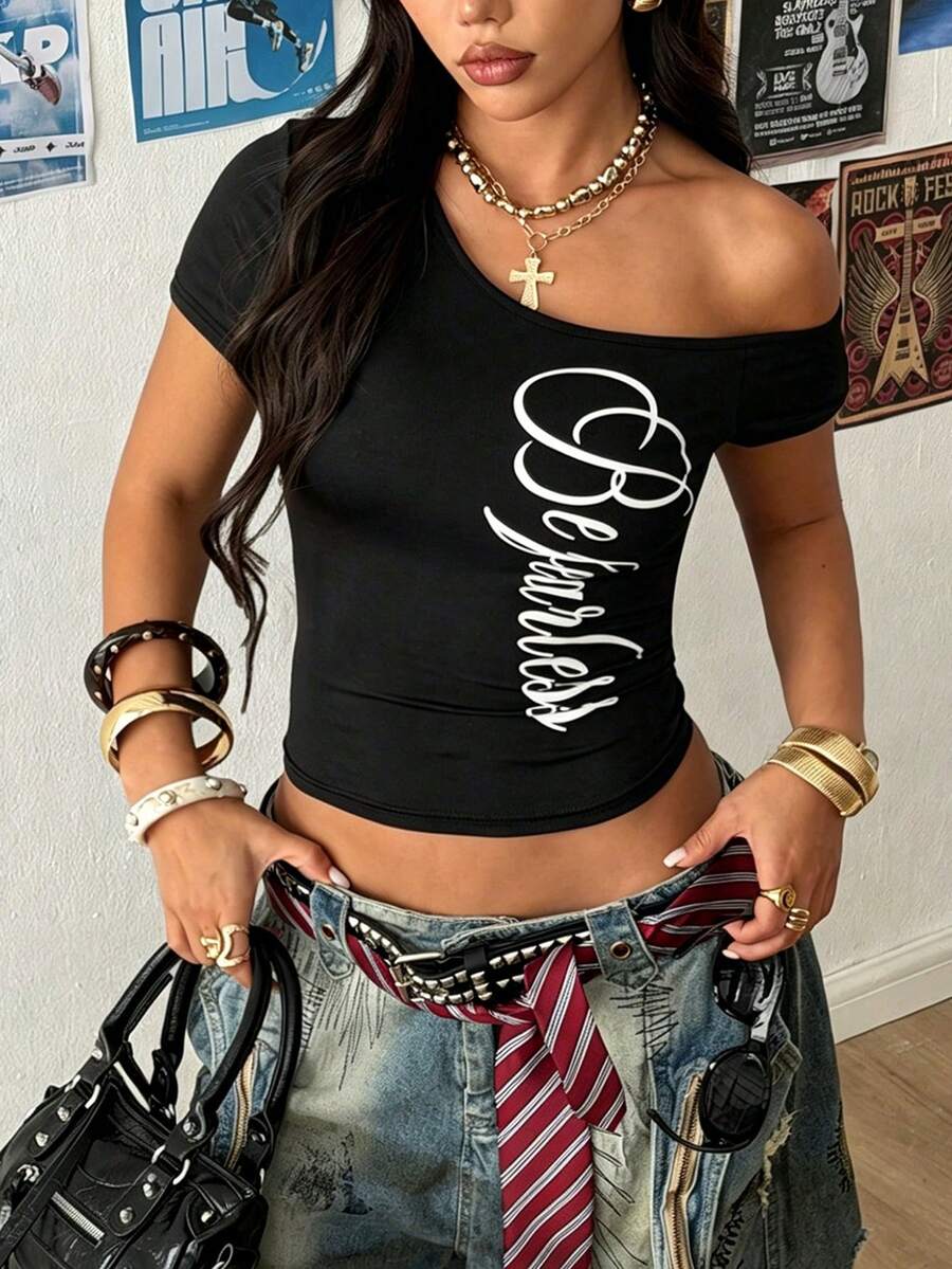 Maweii Plus Size Women's Summer Black And White Tight Letter Print T-Shirt Short Sleeve Cropped Top 80's 90s Streetwear Knit Sweater Going Out Night - Black - View 1