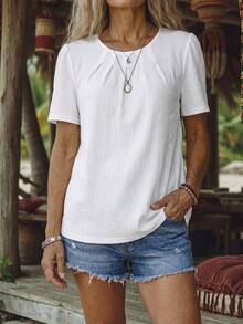 EMERY ROSE Blusa de manga corta abullonada con cuello redondo, Top de manga corta - Blanco - Ver 4