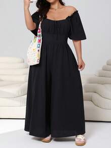 SHEIN CURVE+ 大尺碼女款百褶綁帶寬鬆連身褲，適合日常通勤、度假，黑色夏季休閒款，柔軟顯形，優雅傳統波希米亞風，適合正式場合與早午餐 - 黑色 - 查看 4