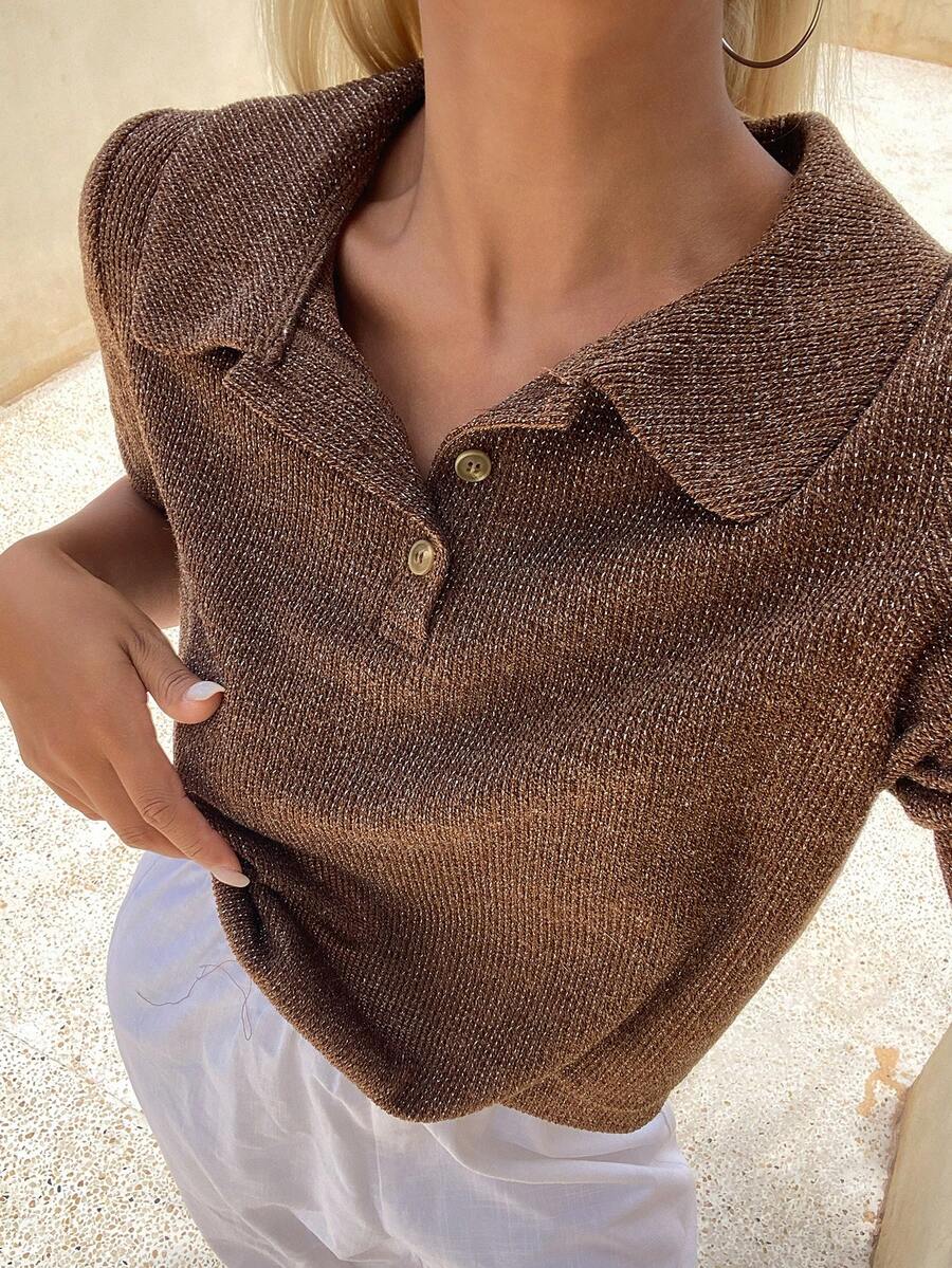 Livesso Women's Spring/Summer Brown Knit Loose Casual Polo Shirt With Collar And Short Sleeves - Khaki - View 1