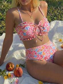 Swim Mod Conjunto de Bikini Talla Grande 2026 Nuevo Primavera/Verano Estampado Floral Aleatorio Decoración de Volantes Cordón Frontal Mujer Lindo Dulce Adecuado para Playa de Verano y Vacaciones - Multicolor - Ver 5