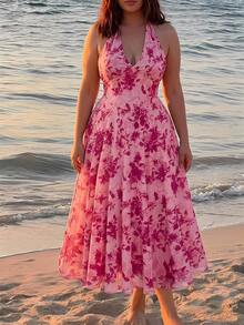 SHEIN MOD Plus Size Pink Floral Halter Midi Dress,Summer 1920s Flapper Tea Party Dress,Elegant Wedding Guest Cocktail Prom Birthday Formal Fairy Boho Sundress - Pink - View 2