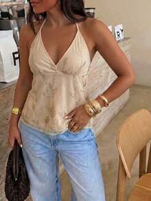 Lucivie Blusa casual y elegante, sexy y vintage de color beige con escote halter profundo en V, adornada con lentejuelas - Blusa brillante para fiestas de verano, top corto chispeante y seductor para citas, adecuado para uso diario, atuendo de oficina, vacaciones relajantes, citas románticas, días escolares, vacaciones en la playa - Dorado - Ver 8