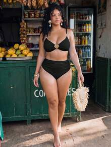 Swim Mod Plus Size Women 2pcs Solid Color Shell Decor Top High Waist Triangle Bikini Set Cute Beach Vacation Minimalist Daily Swimsuit - Black - View 5