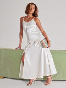 NYA SZN Dress Maxi Length Satin Cargo Pocket Brunch Going Out Sexy Office Siren White Outfits For Women - Silver - View 6