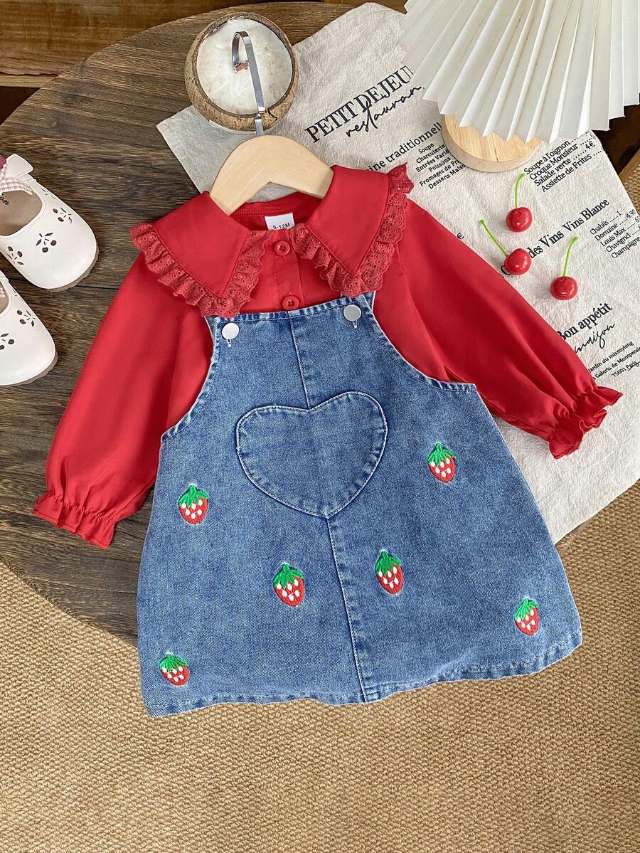 SHEIN 2件/套女嬰休閒可愛翻領長袖上衣與草莓刺繡裝飾吊帶褲套裝,適合春秋季節,日常穿著可愛休閒套裝 - 紅色 - 查看 1