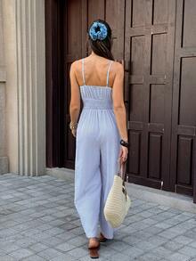 Serisse Women's Striped Tassel Design Casual Daily Outing Camisole Jumpsuit - Blue and White - View 3