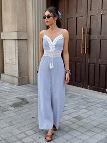 Serisse Women's Striped Tassel Design Casual Daily Outing Camisole Jumpsuit - Blue and White - View 5