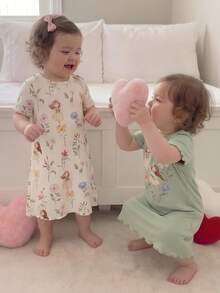 SHEIN Vintaside Kids 春夏季綠色可愛仙女圖案女嬰睡衣套裝，2件組，短袖搭配荷葉邊袖口與下擺 - 綠色 - 查看 8