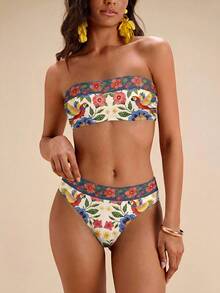 Travachic Women's Vintage Floral & Bird Print Bohemian Swimsuit Set, Suitable For Outings, Beach Vacation, Chic, Cruise Party Bathing Suit For Women - Multicolor - View 3