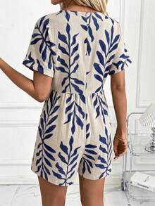 SHEIN Clasi Women's V-Neck Leaf Print Casual Everyday Outing Romper - Blue - View 2