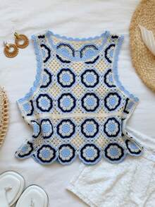 Comfortcana Women's Round Neck Geometric Print Casual Versatile Daily Outing Knit Top - Blue - View 5