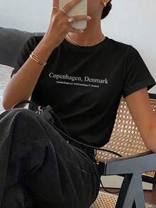 DAZY Women's Summer Casual Slogan Graphic Round Neck T-Shirt - Black - View 7