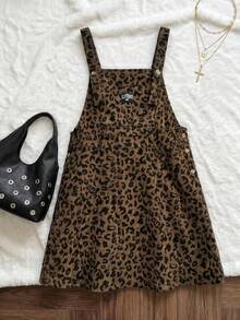 Comfortcana Plus Size Women's Leopard Print Letter Graphic Denim Overall Dress - Brown - View 7