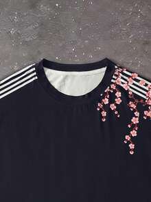 Manfinity EMRG Camiseta masculina casual de manga curta com estampa de flor de cerejeira e detalhes listrados, ideal para o verão. - Multicolorido - Ver 6