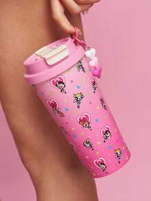 THE POWERPUFF GIRLS X SHEIN 500ml /16 Oz 真空保溫不鏽鋼杯，1個防漏蓋，適用於熱飲/冷飲，適用於大多數杯架 - 粉色 - 查看 3