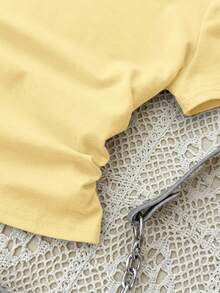 Setelan Pullover Rajut Kasual Warna Kuning Polos untuk Remaja Perempuan + Celana Pendek Kuning, Pakaian Musim Panas, Gaya Dasar, Gaya Kasual, Gaya Sporty - Kuning - View 4