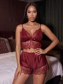 Silforma Contrast Lace Bow Detail Cami PJ Set / Pajama Set - Burgundy - View 3