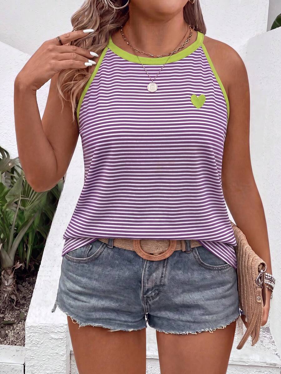 EMERY ROSE Camisola casual versátil de talla grande para mujer, nueva y de alta demanda, con estampado de rayas y corazones pequeños, primavera/verano - Multicolor - Ver 1