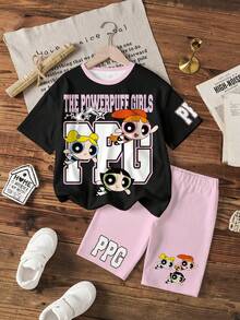 THE POWERPUFF GIRLS X SHEIN 少女卡通印花T恤和短裤套装 - 白色 - 查看 7