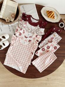 SHEIN Vintaside Kids 嬰兒女童多件套裝 夏季圓領無袖簡約時尚日常數位印花背心搭配休閒簡約時尚針織羅紋短褲套裝 適合外出、公園散步、日常休閒、露營、野餐及度假穿著 - 彩色 - 查看 4